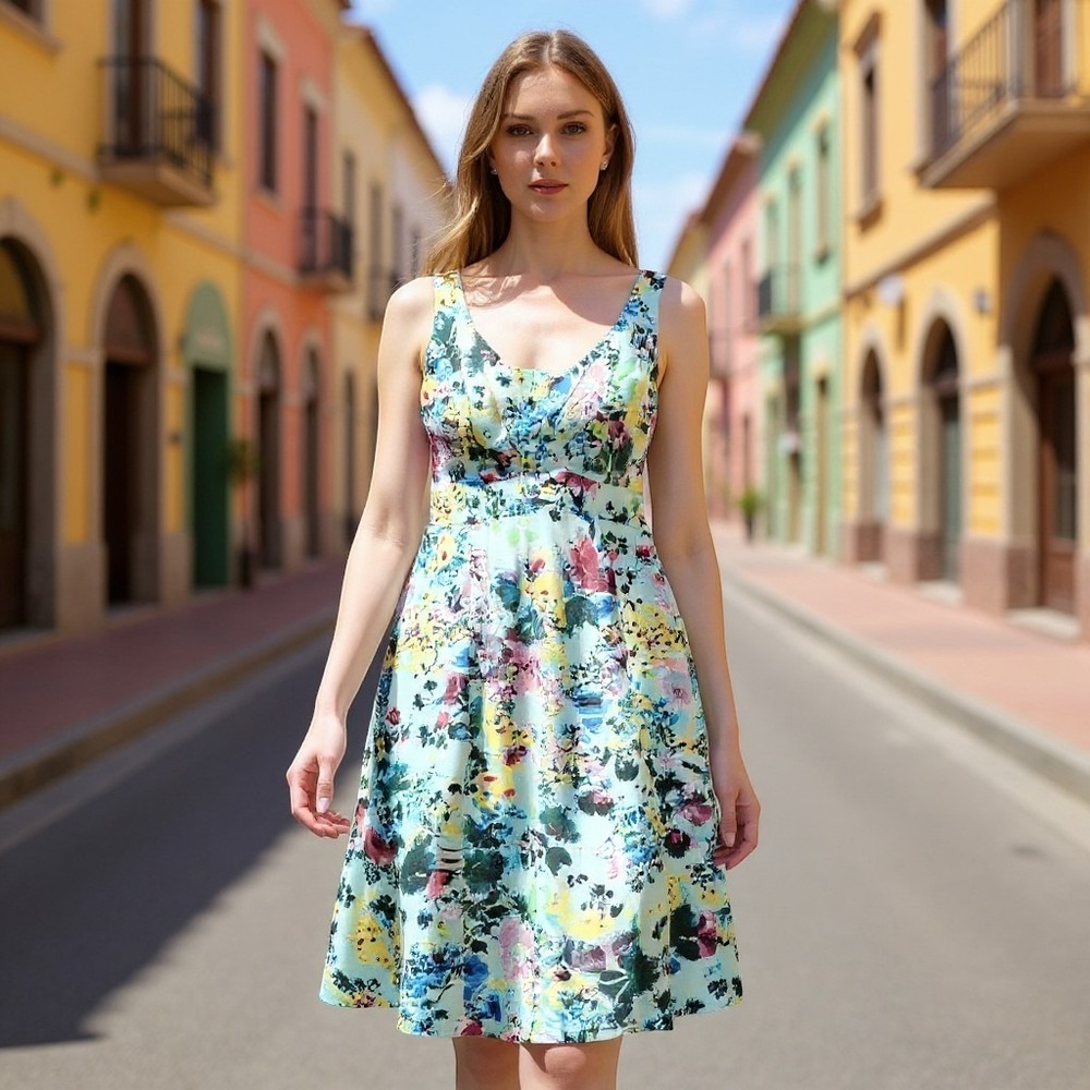Maison Tara Floral V-Neck Fit and Flare Dress Mint Green Multi Sleeveless Knee